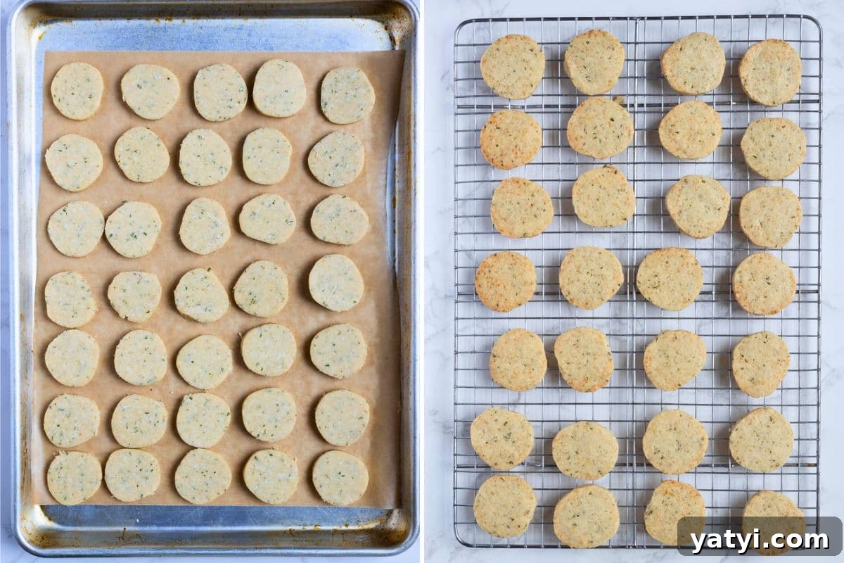 Rosemary Parmesan Shortbread Made with Sourdough Discard 8 Two photos to show adding the sliced dough to a baking sheet and cooling the sourdough discard rosemary and parmesan shortbread on a wire rack.