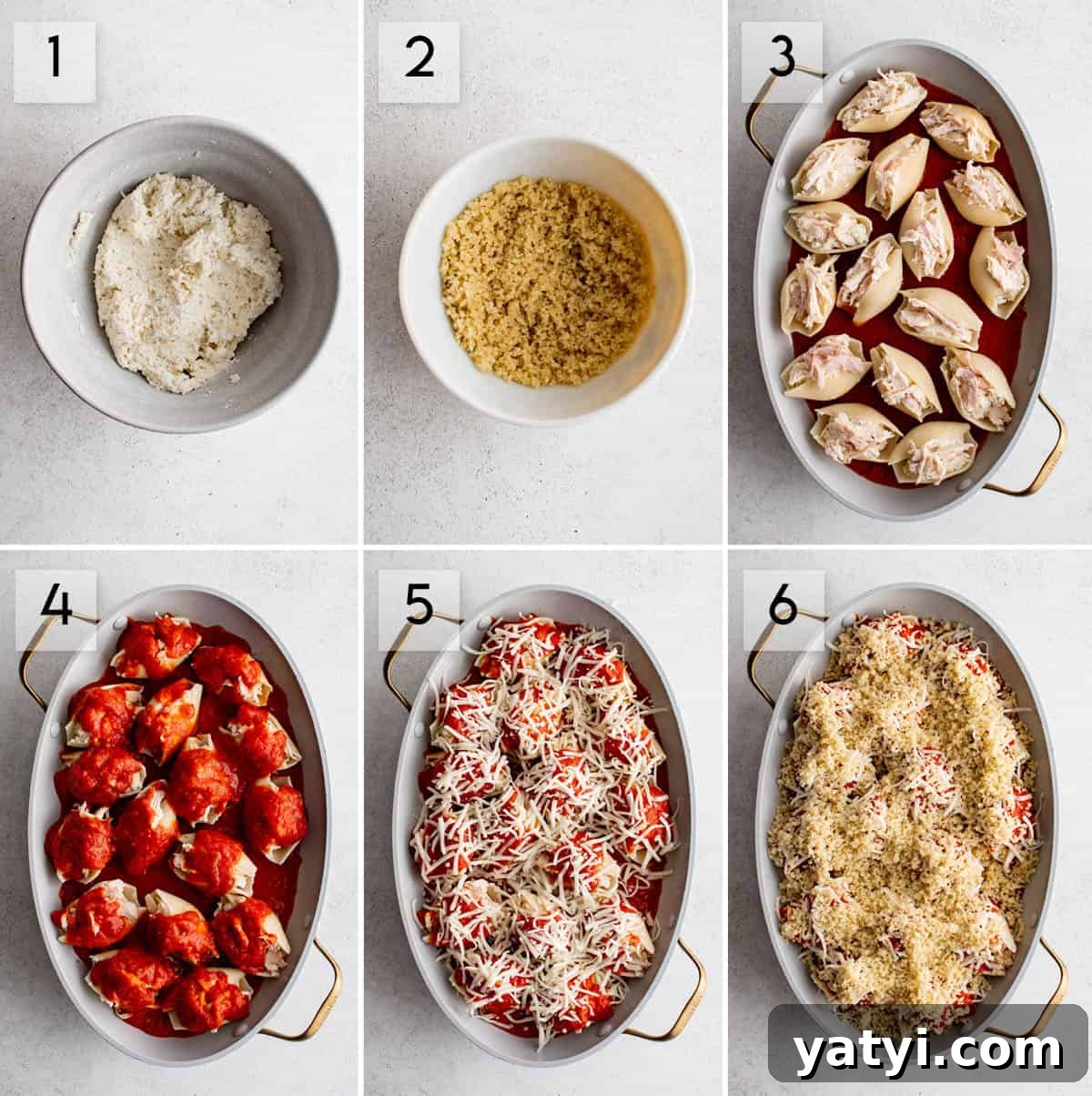 six panel collage image showing how to make chicken parmesan stuffed shells