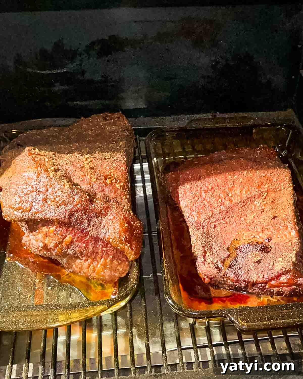 The brisket pieces at the end of the smoking time on the pellet smoker.