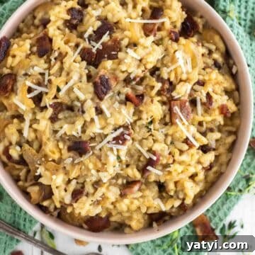 overhead shot of bacon risotto in bowl
