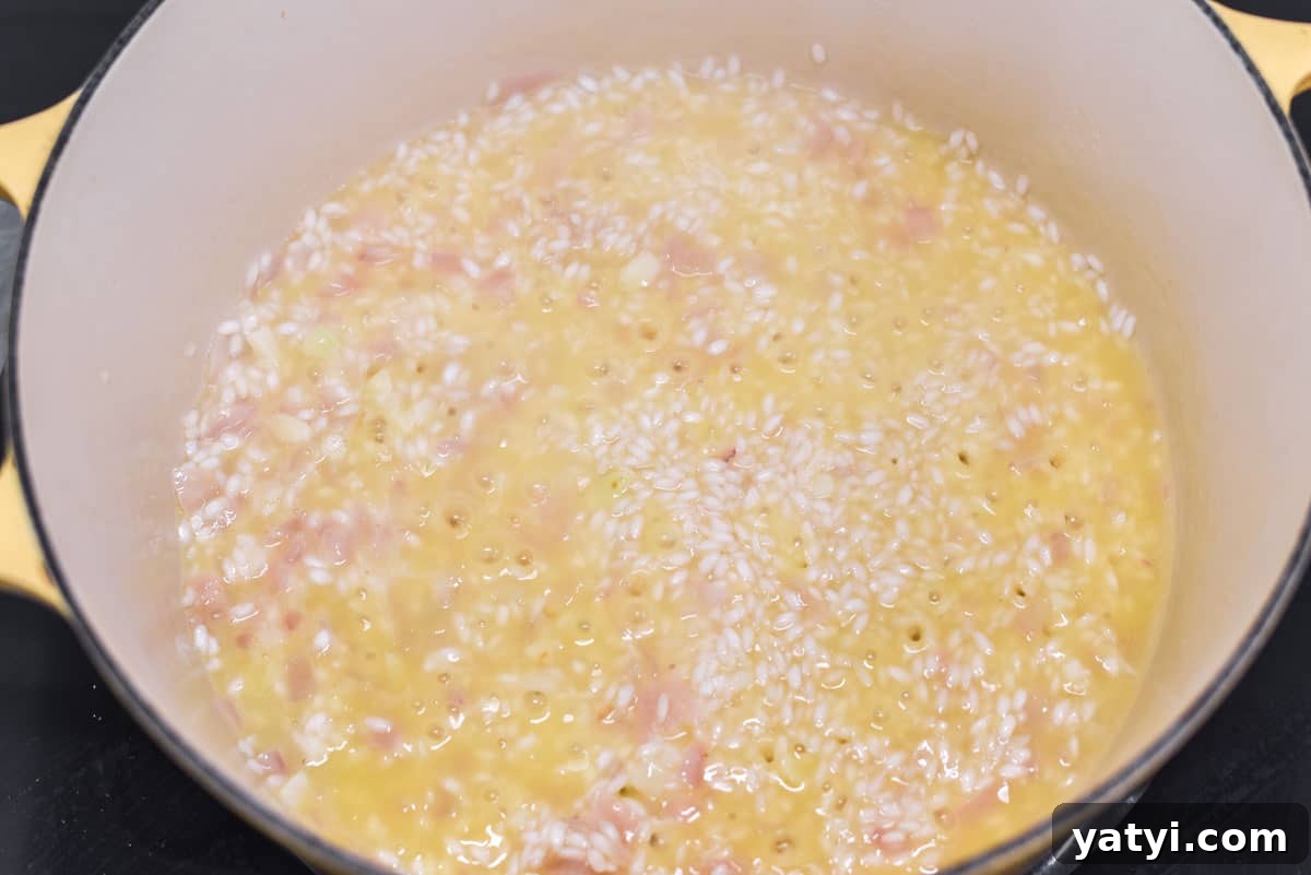 Creamy Chicken and Pumpkin Risotto Recipe for Fall Nights 6 Wine deglazing Dutch oven with rice.
