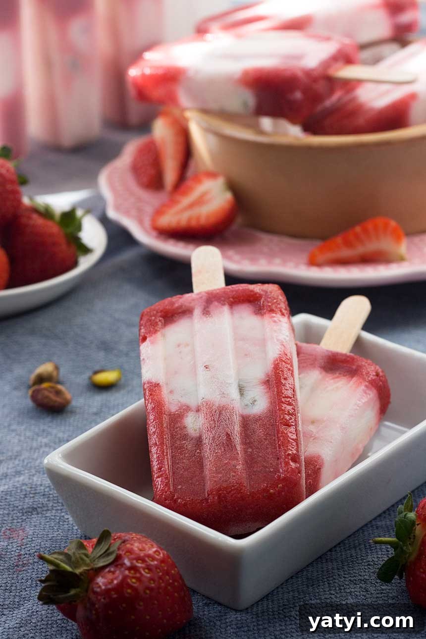 Strawberry Pistachio Yogurt Popsicles — 4-Ingredient Recipe 2 A closeup of strawberry pistachio yoghurt popsicles in a white dish on a blue background and with strawberries in the background.