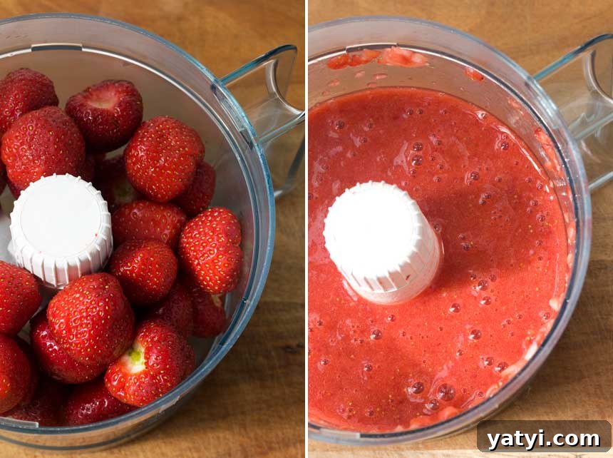 Strawberry Pistachio Yogurt Popsicles — 4-Ingredient Recipe 3 Collage of strawberries in a food processor and then after being pureed.