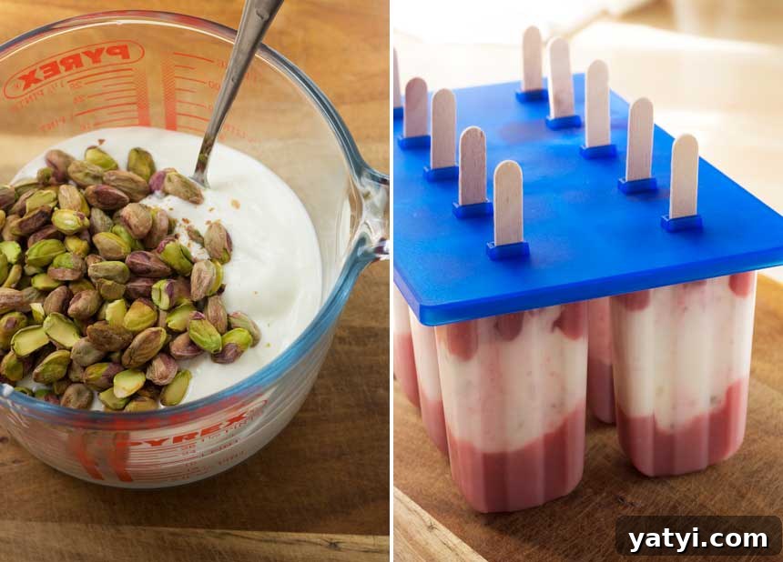 Strawberry Pistachio Yogurt Popsicles — 4-Ingredient Recipe 4 Collage of 2 images showing pistachios being stirred into yogurt, and yogurt popsicles in moulds.