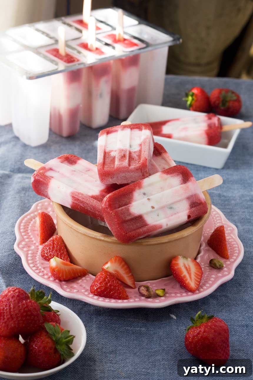 Strawberry Pistachio Yogurt Popsicles — 4-Ingredient Recipe 5 A bowl of strawberry pistachio yoghurt popsicles on a pink plate and blue background with strawberries around it.