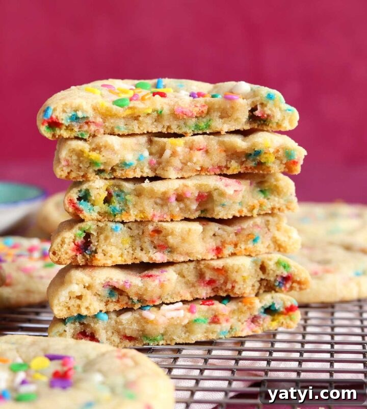 Soft Sprinkle Sugar Cookies Recipe for Perfectly Tender Cookies 3 stack of sprinkle sugar cookies broken in half showing soft and chewy texture
