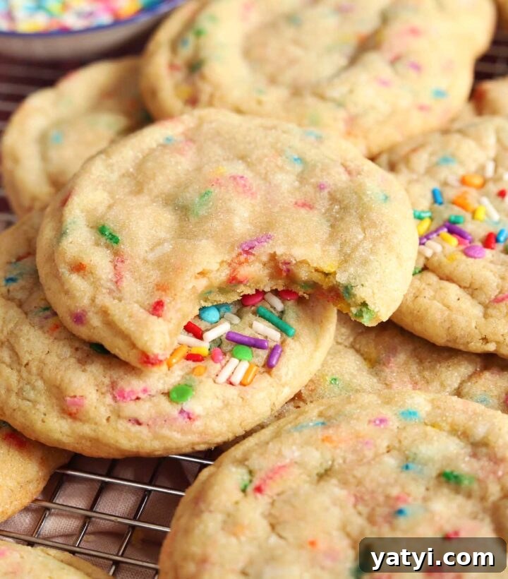 Soft Sprinkle Sugar Cookies Recipe for Perfectly Tender Cookies 6 soft and chewy sprinkle sugar cookies with bite on cooling rack
