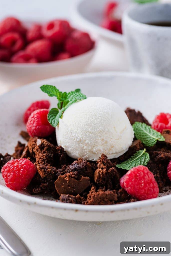 Decadent Chocolate Brownie Pudding Recipe for Chocolate Lovers 3 Brownie pudding topped with vanilla ice cream and berries.