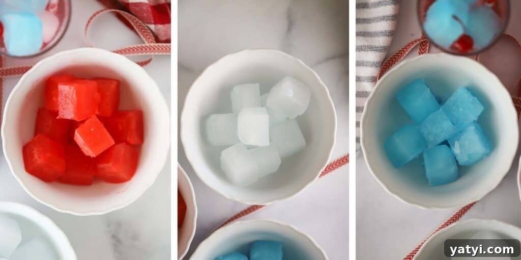 Refreshing Patriotic Punch Recipe for Summer Gatherings 4 Three bowls, each with red, white, and blue gatorade ice cubes.
