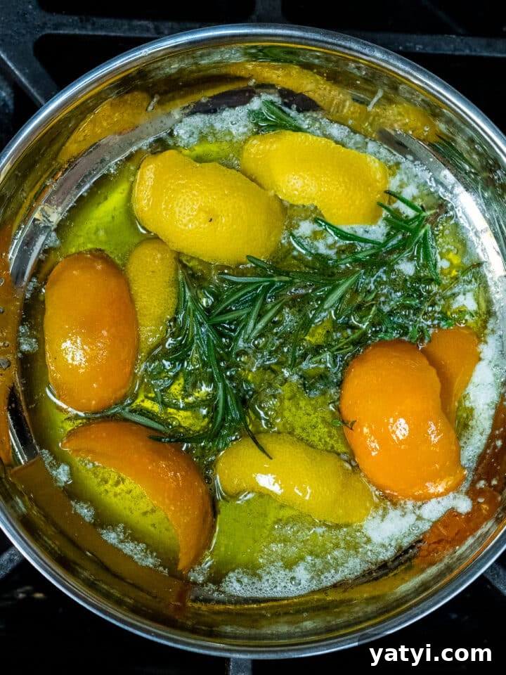 Dry-Brined Spatchcock Turkey: Complete Guide to Spatchcocking a Turkey 13 small skillet with olive oil butter, orange and lemon zest and rosemary