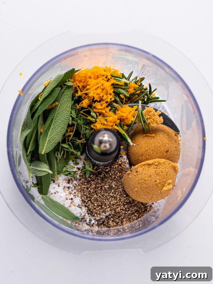 Dry-Brined Spatchcock Turkey: Complete Guide to Spatchcocking a Turkey 4 small food processor with salt, pepper, brown sugar, sage, rosemary, thyme and orange zest