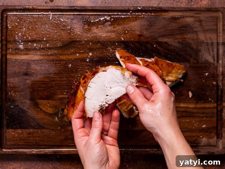 Dry-Brined Spatchcock Turkey: Complete Guide to Spatchcocking a Turkey 25 hand showing the juicy white meat of the turkey breast