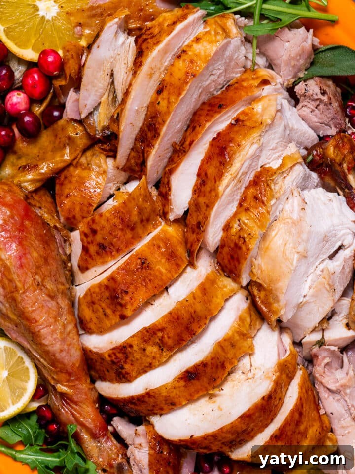 Dry-Brined Spatchcock Turkey: Complete Guide to Spatchcocking a Turkey 26 close up view of sliced dry brined spatchcock turkey with crispy skin