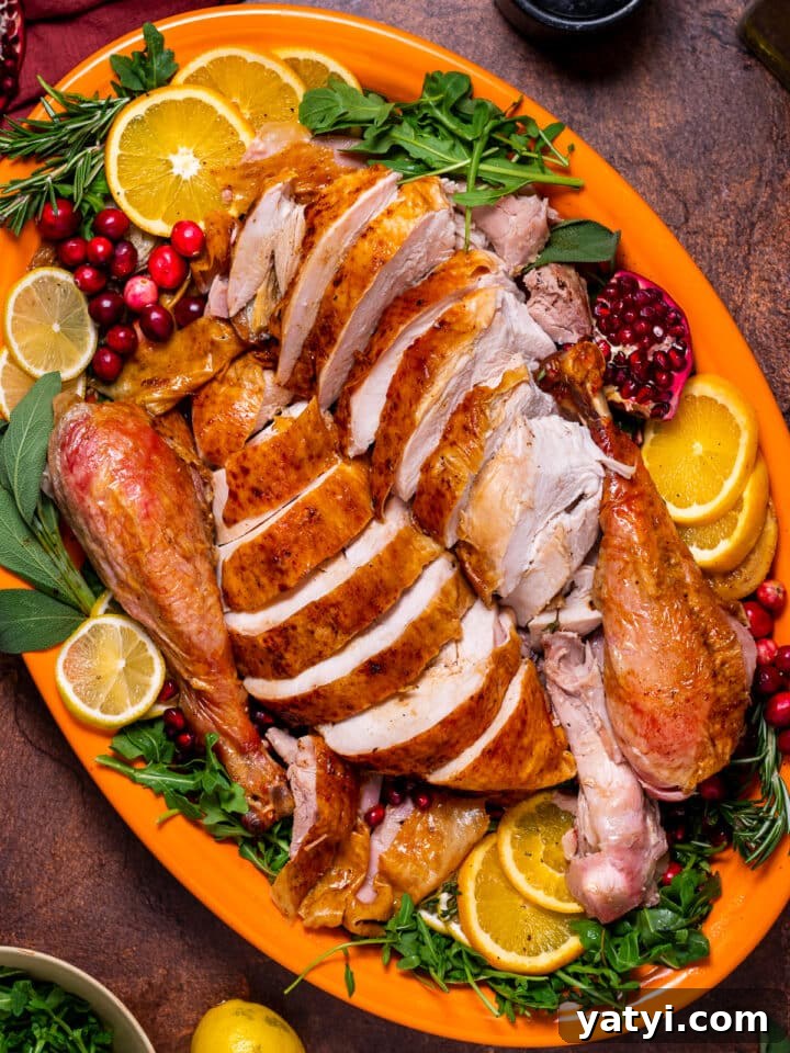 Dry-Brined Spatchcock Turkey: Complete Guide to Spatchcocking a Turkey 28 fully carved dry brined spatchcock turkey on serving platter with orange slices, pomegranate and cranberries