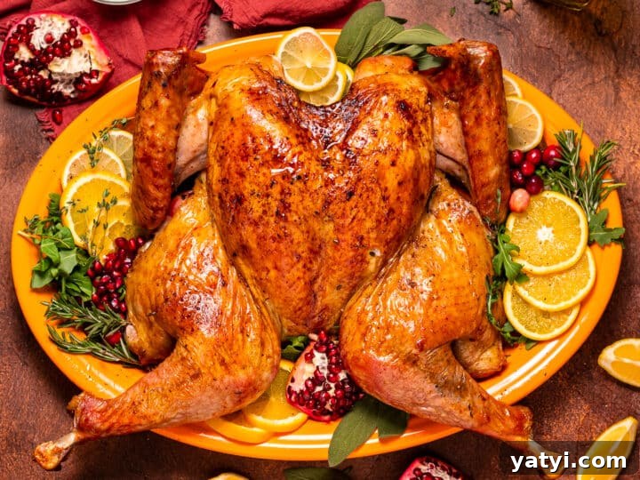 Dry-Brined Spatchcock Turkey: Complete Guide to Spatchcocking a Turkey 31 dry brined spatchcock turkey fully roasted on an orange serving platter.