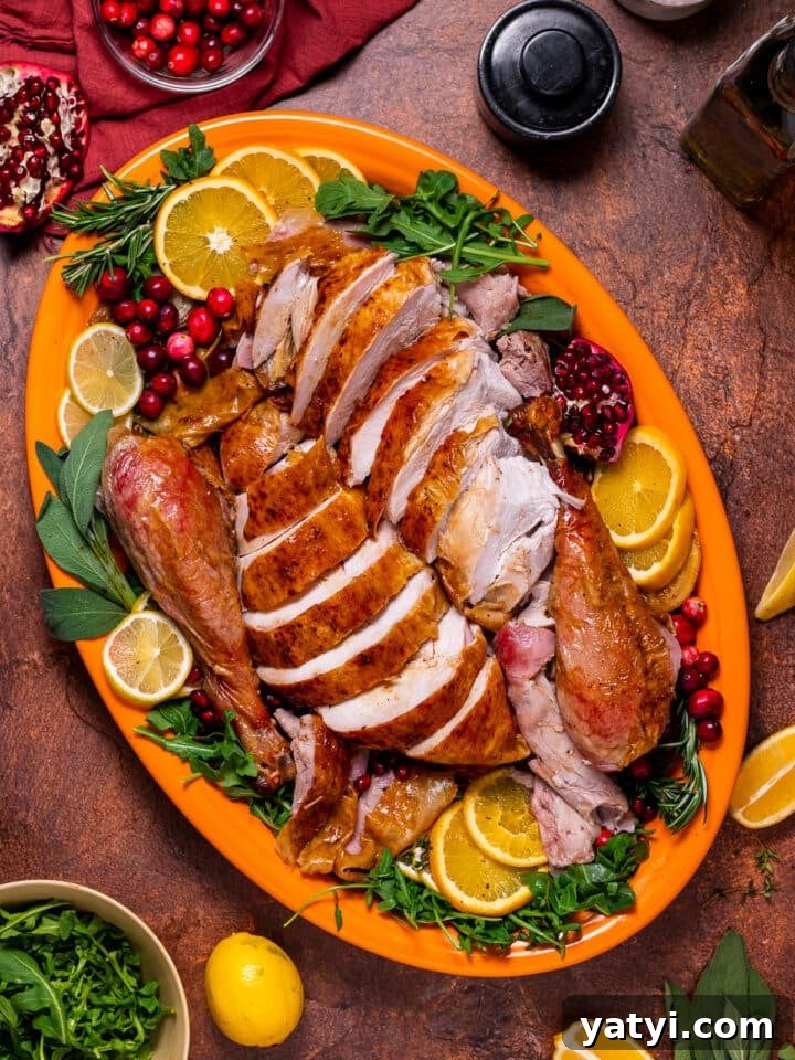 Dry-Brined Spatchcock Turkey: Complete Guide to Spatchcocking a Turkey 32 Fully carved dry-brined spatchcock turkey on an orange platter