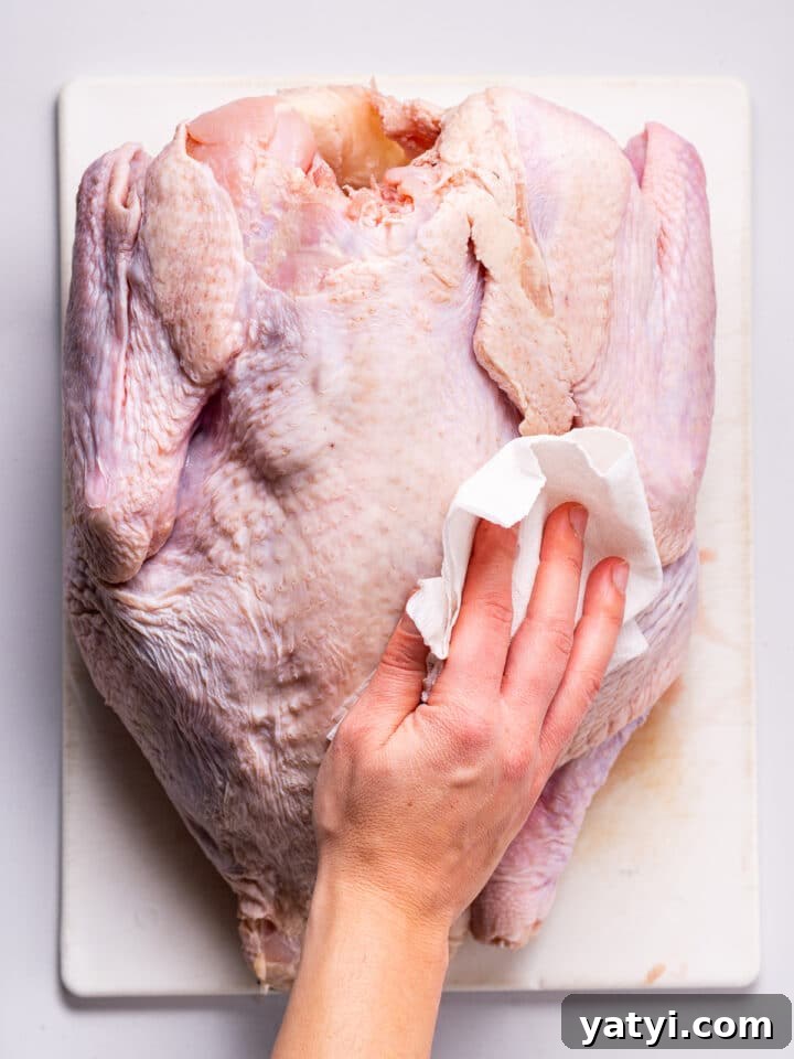 Dry-Brined Spatchcock Turkey: Complete Guide to Spatchcocking a Turkey 6 hand using a paper towel to pat turkey dry