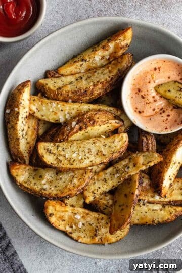 Overhead view of air fryer potato wedges in a grey bowl with dipping sauces off to the sides.