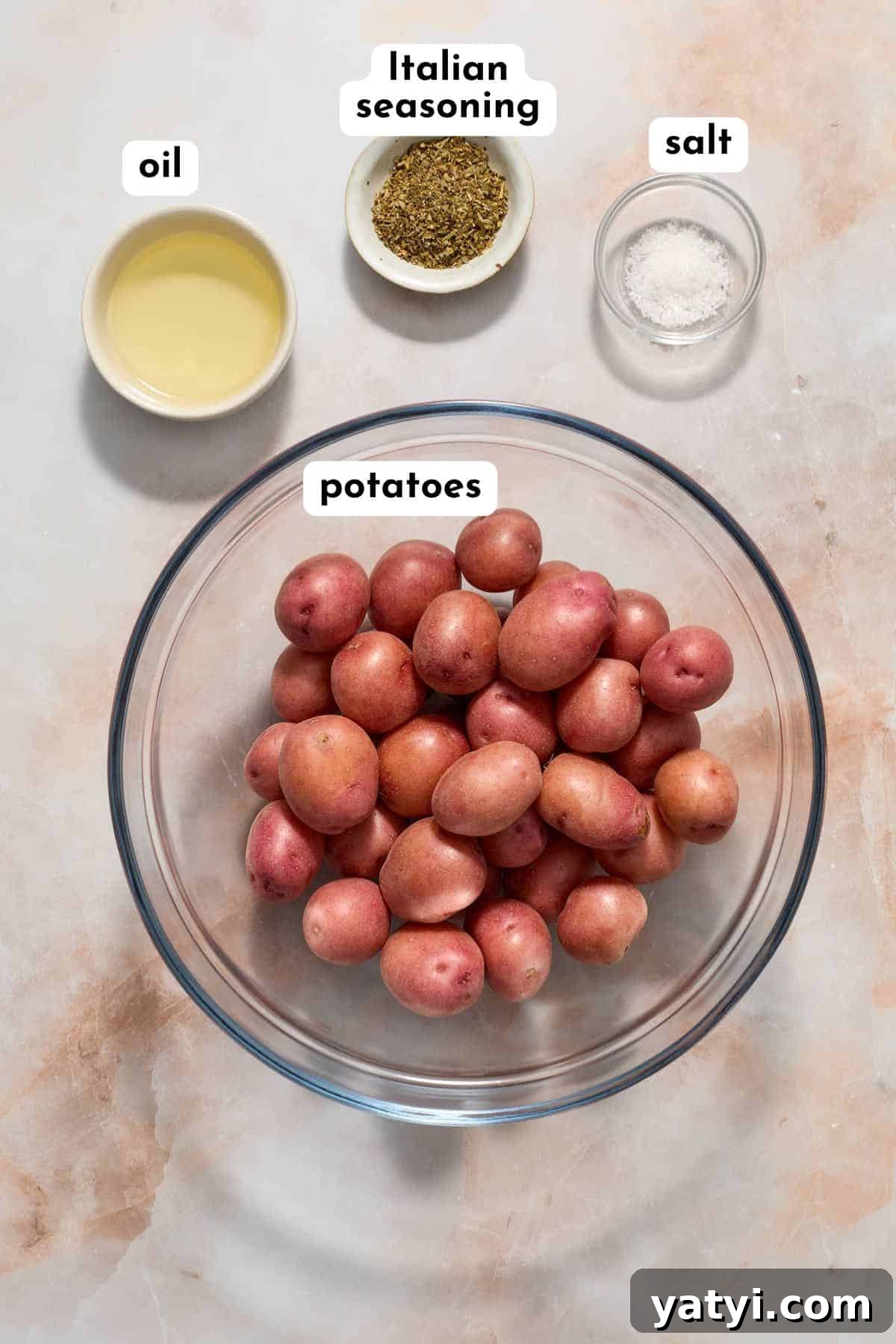Crispy Air Fryer Baby Potatoes — 4 Ingredients Only 3 Ingredients to make air fryer baby potatoes arranged individually and labeled.