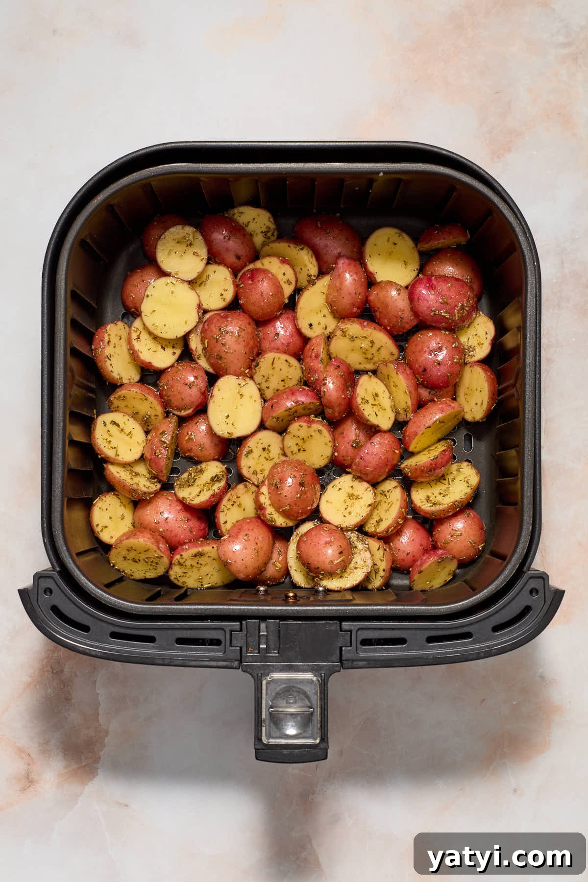 Crispy Air Fryer Baby Potatoes — 4 Ingredients Only 6 Seasoned baby potatoes in the air fryer basket.