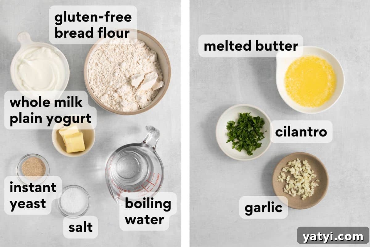 naan ingredients measured and labeled plus optional topping ingredients.