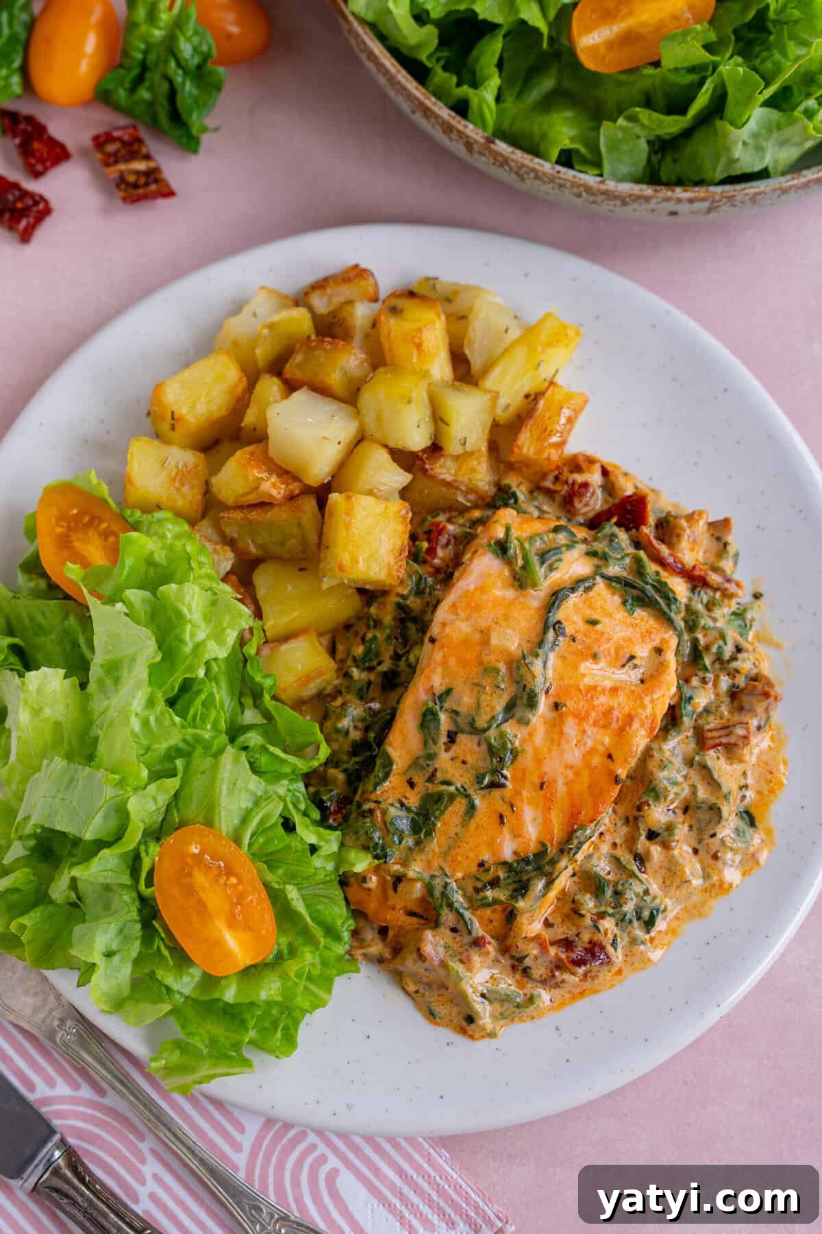 Creamy Tuscan Salmon with Garlic and Sun-Dried Tomatoes 3 A plate of Tuscan salmon with parmentier potatoes and salad.
