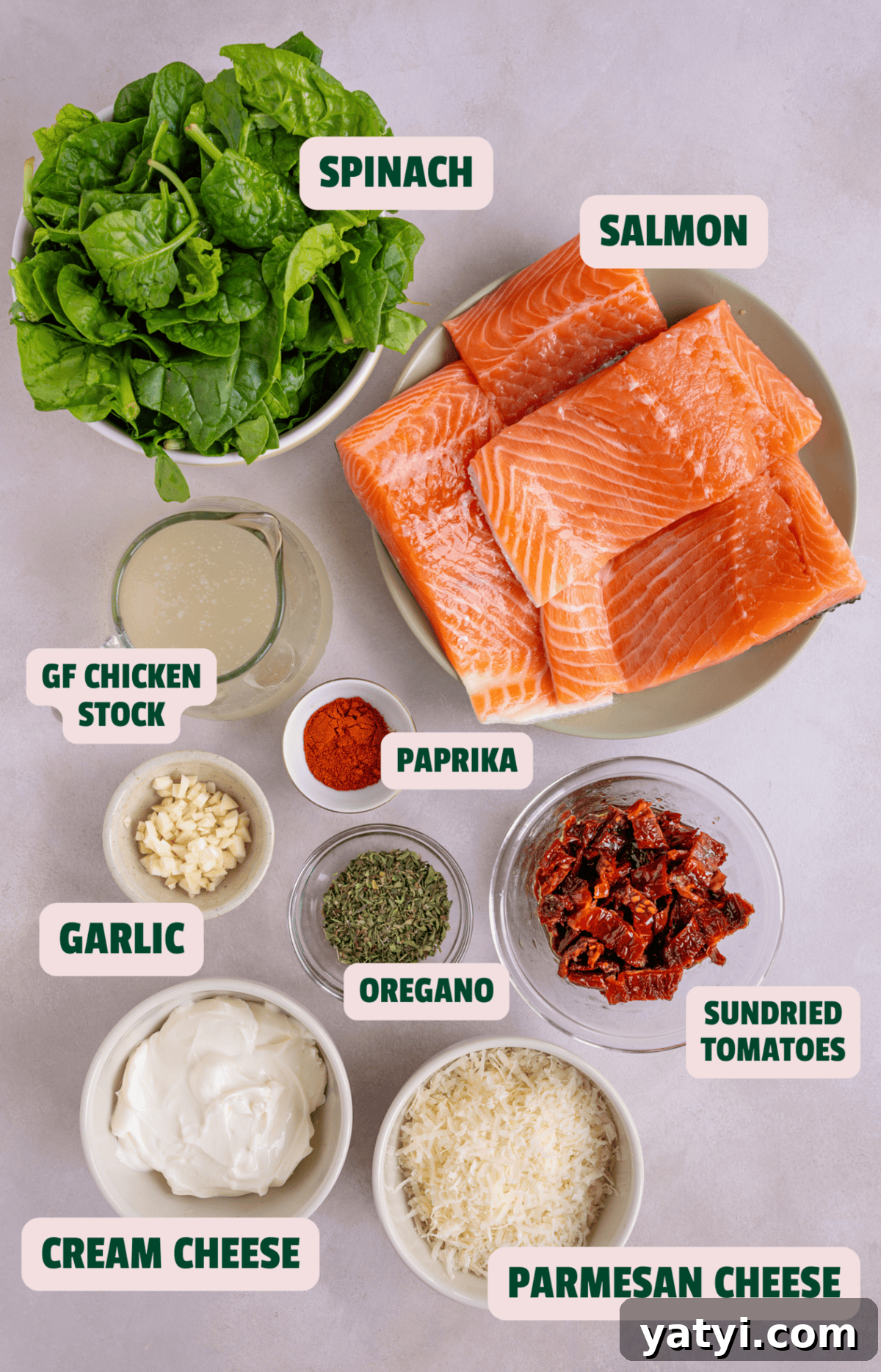 Creamy Tuscan Salmon with Garlic and Sun-Dried Tomatoes 5 Ingredients for Tuscan Salmon on a pink backdrop with text labels.