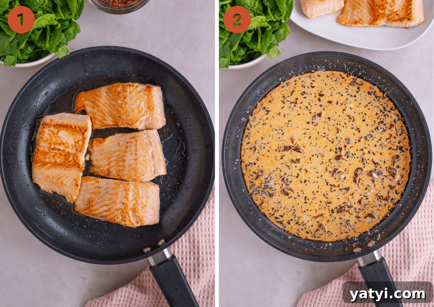 Creamy Tuscan Salmon with Garlic and Sun-Dried Tomatoes 6 Cooking the salmon fillets in a pan and then (right) starting to cook the sauce in the pan.