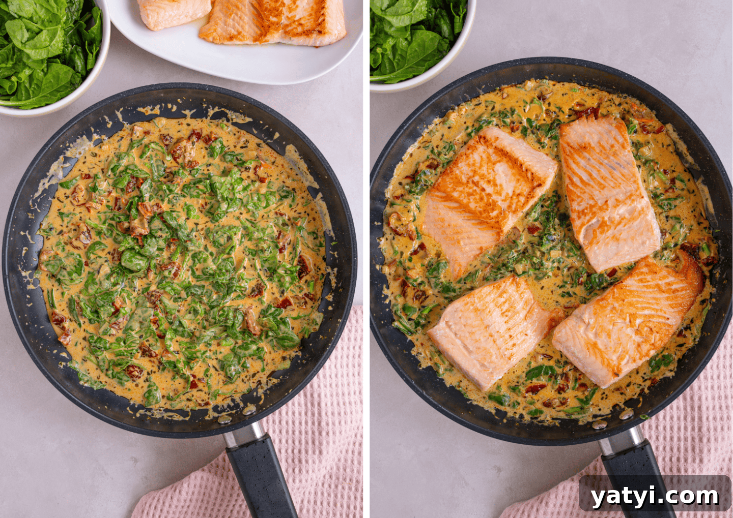 Creamy Tuscan Salmon with Garlic and Sun-Dried Tomatoes 7 The Tuscan Salmon sauce and (right) with the salmon added back into the pan.