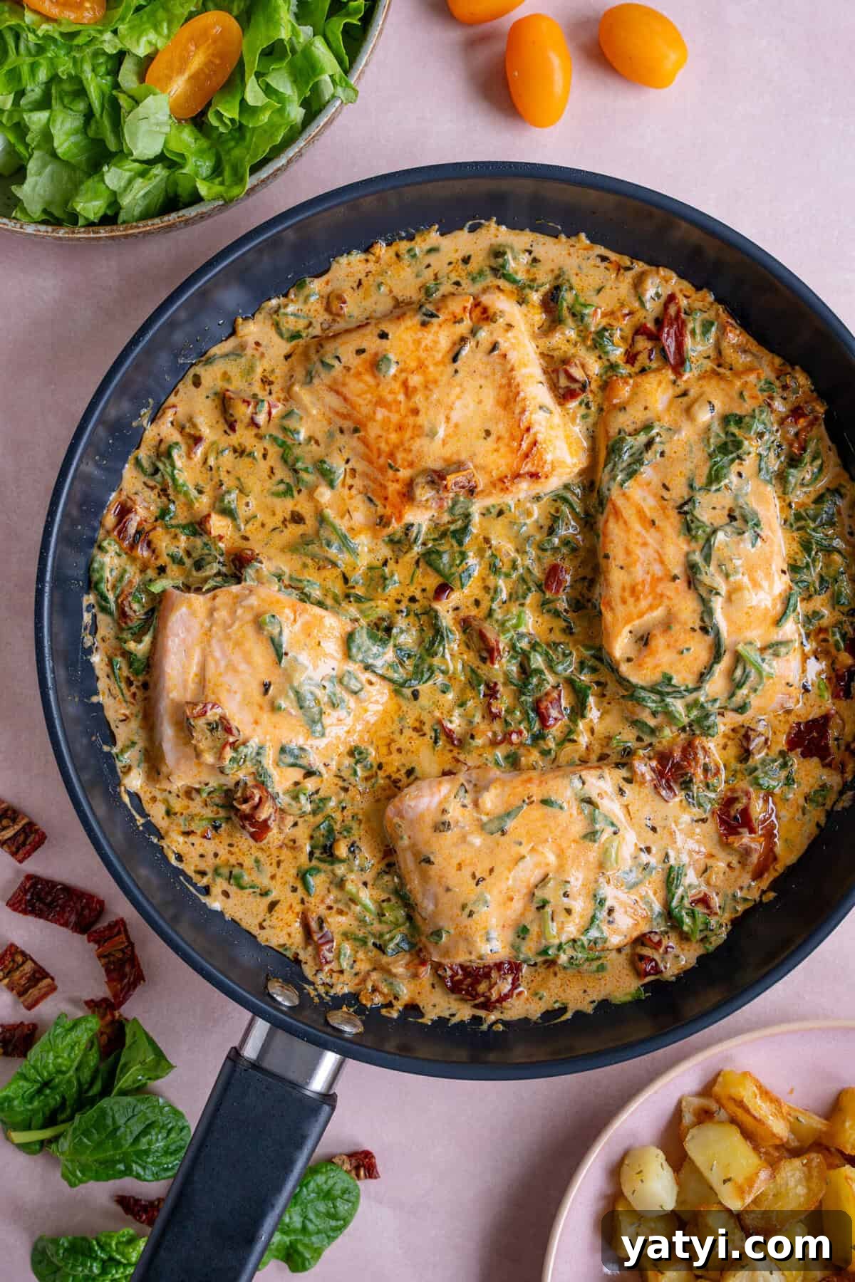 Creamy Tuscan Salmon with Garlic and Sun-Dried Tomatoes 8 A pan of creamy Tuscan salmon.