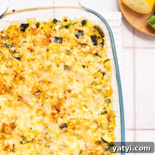 Zucchini Ribbon Salad with Whipped Lemon Ricotta Dressing 13 An overhead image of squash and zucchini casserole in a clear glass baking dish.