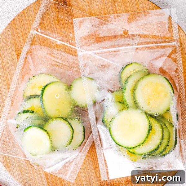 Zucchini Ribbon Salad with Whipped Lemon Ricotta Dressing 14 An image of sliced zucchini frozen in a freezer bag