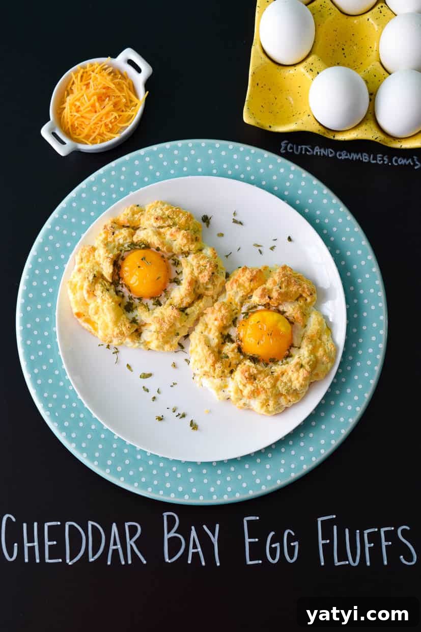 Cheddar Bay Egg Fluffs with title written on chalkboard