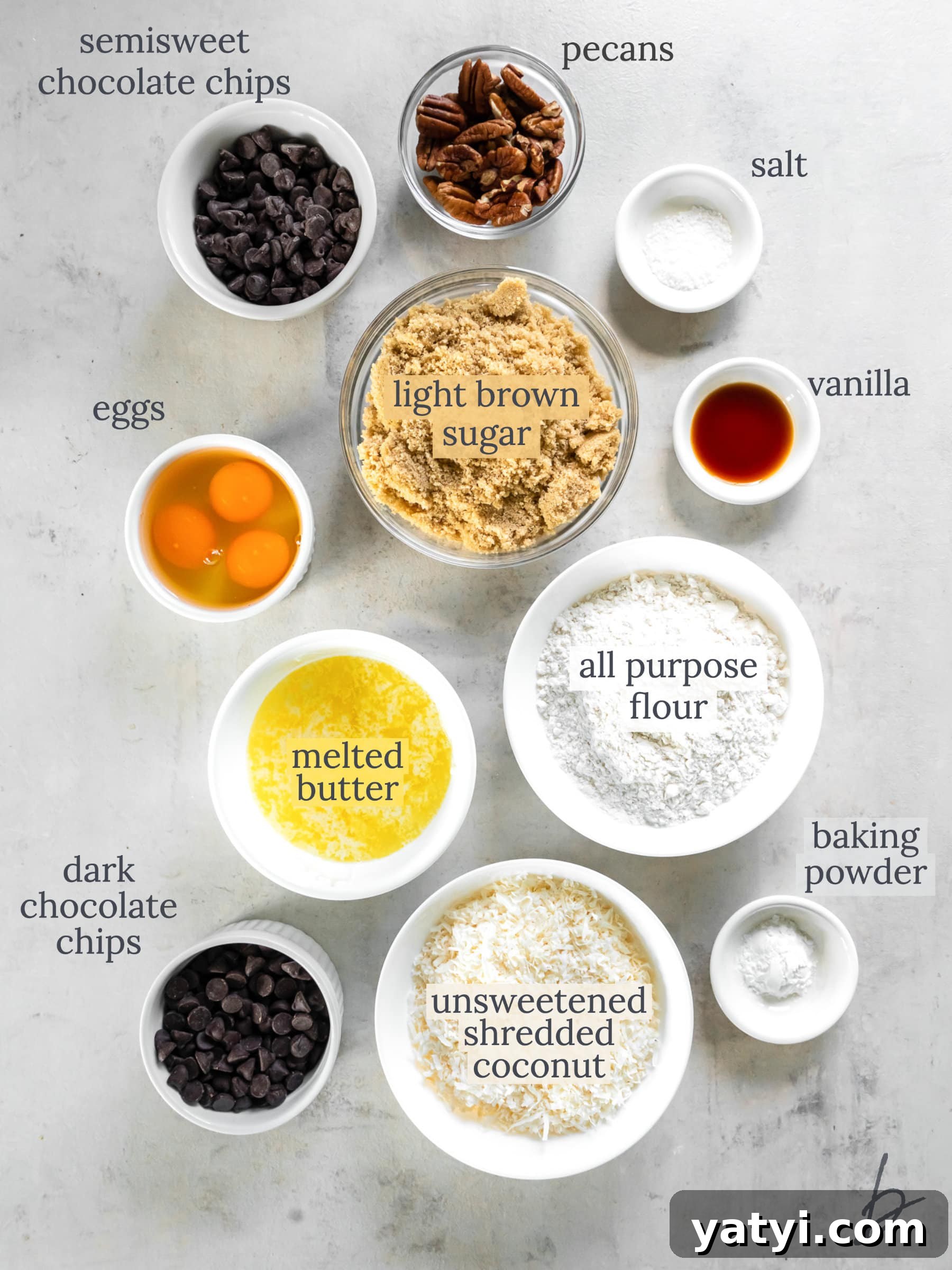 Coconut Congo Bars: Chewy Chocolate Chip Coconut Squares 3 bowls of ingredients to make congo bars with coconut.