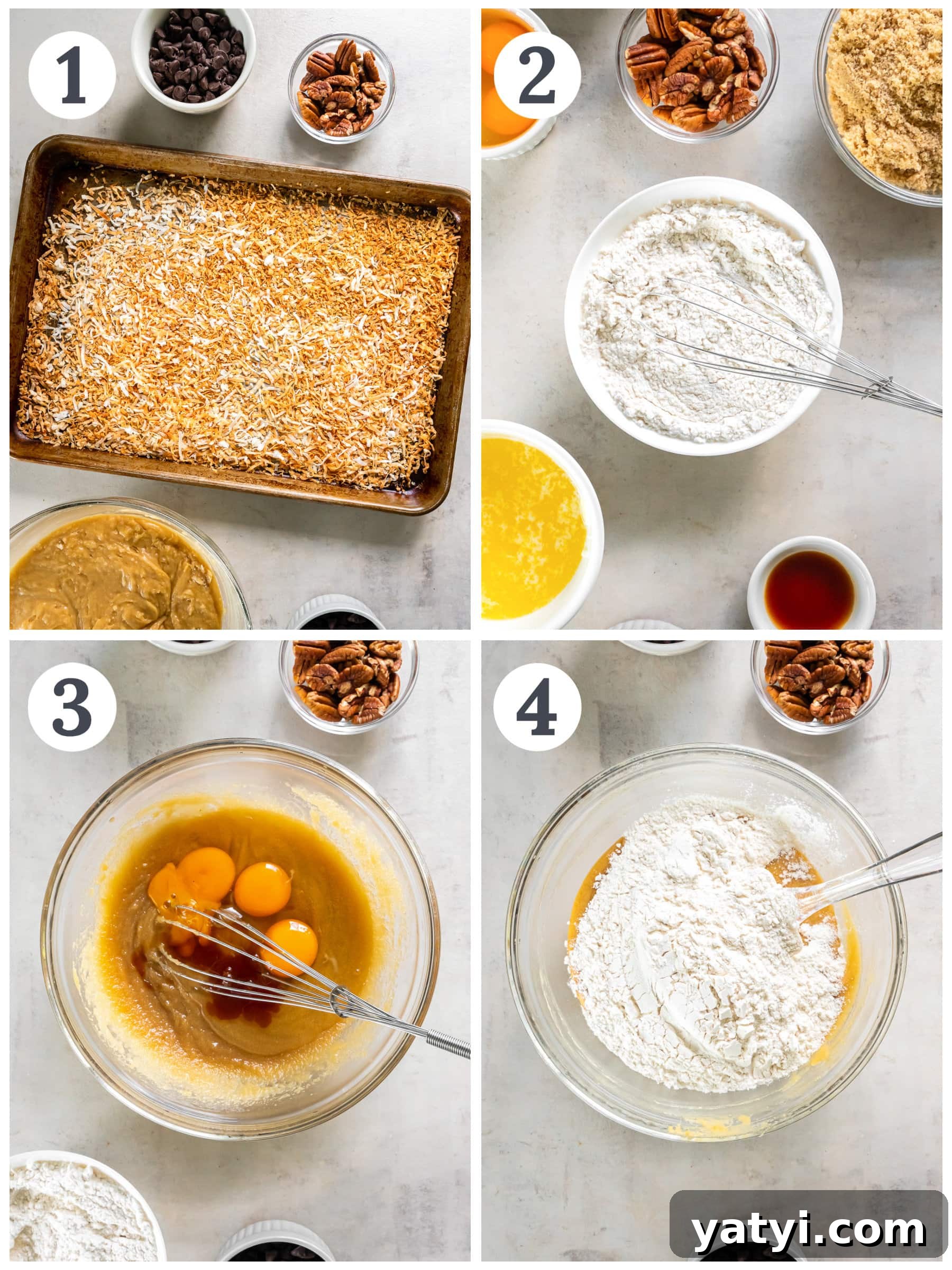 Coconut Congo Bars: Chewy Chocolate Chip Coconut Squares 4 photo collage demonstrating how to toast coconut and make congo bars in a mixing bowl.