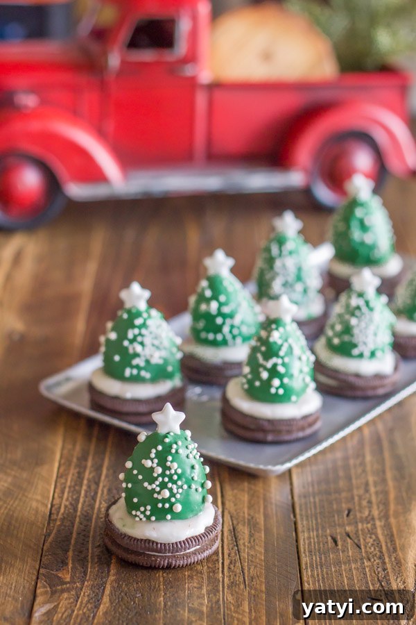 Chocolate-Covered Strawberry Christmas Tree Treats 2 Chocolate Covered Strawberry Christmas Tree in front of a serving tray of more trees.
