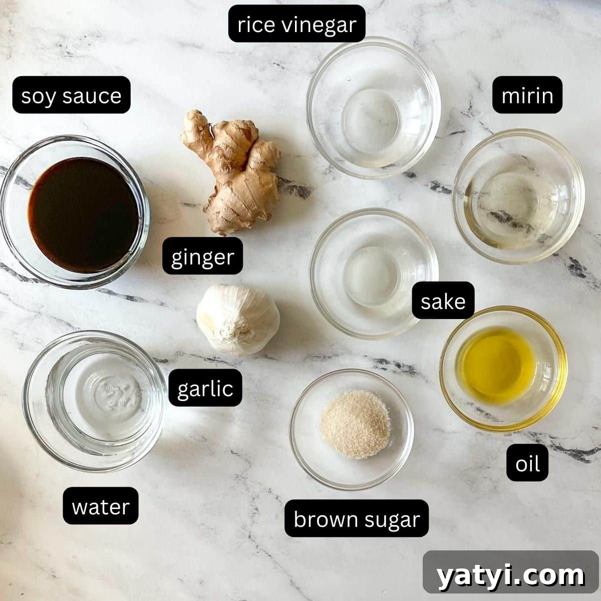 The labeled ingredients for yaki udon marinade are shown on a white marble counter.