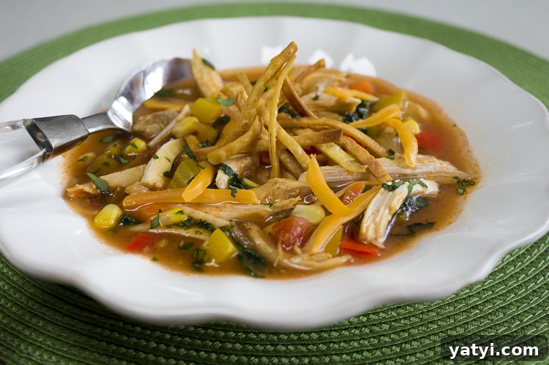 Hearty Chicken Tortilla Soup with Fresh Corn & Lime 8 Health in a bowl with great texture and spice