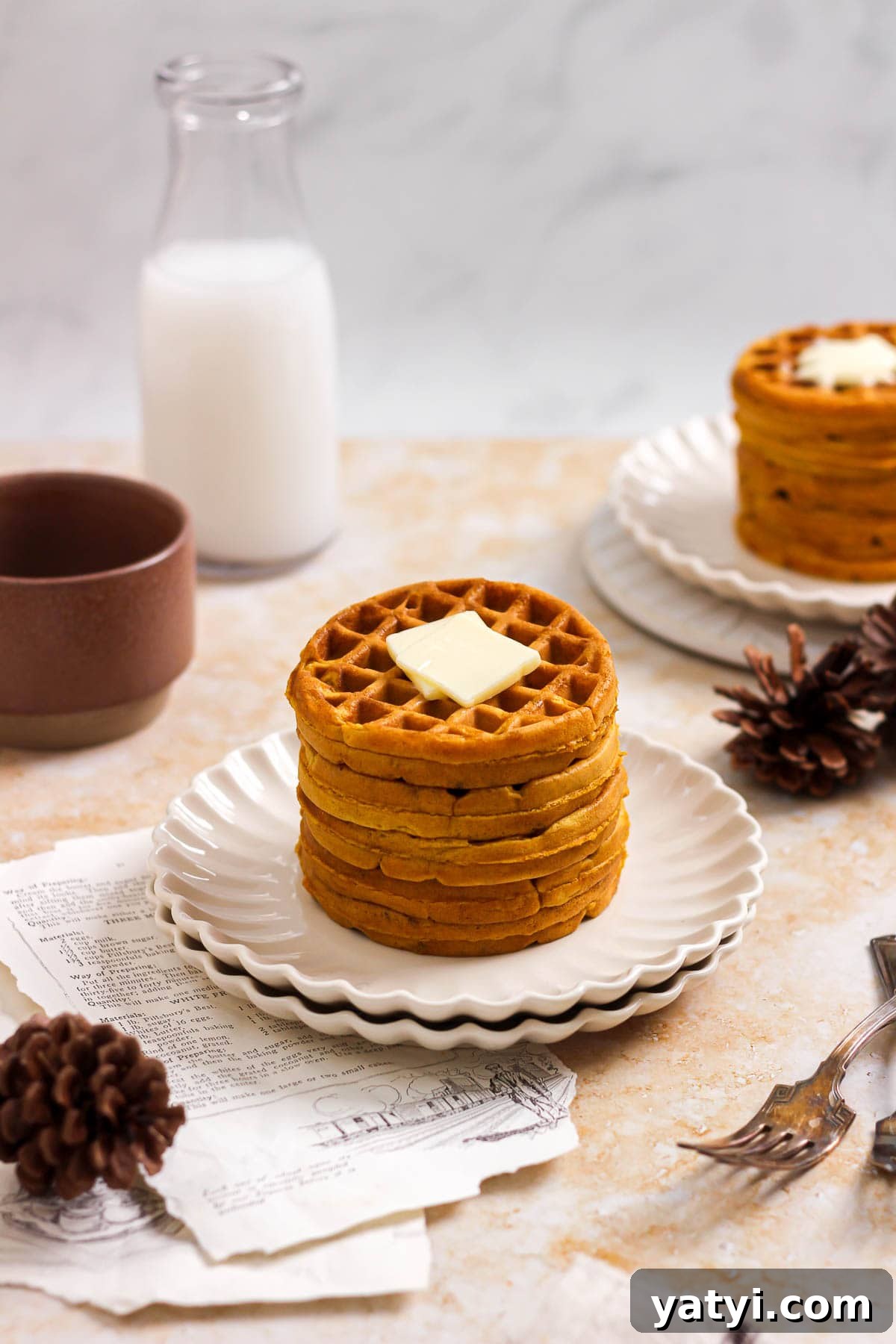 Pumpkin Spice Waffles with Maple Syrup Recipe 2 pumpkin spice buttermilk waffles