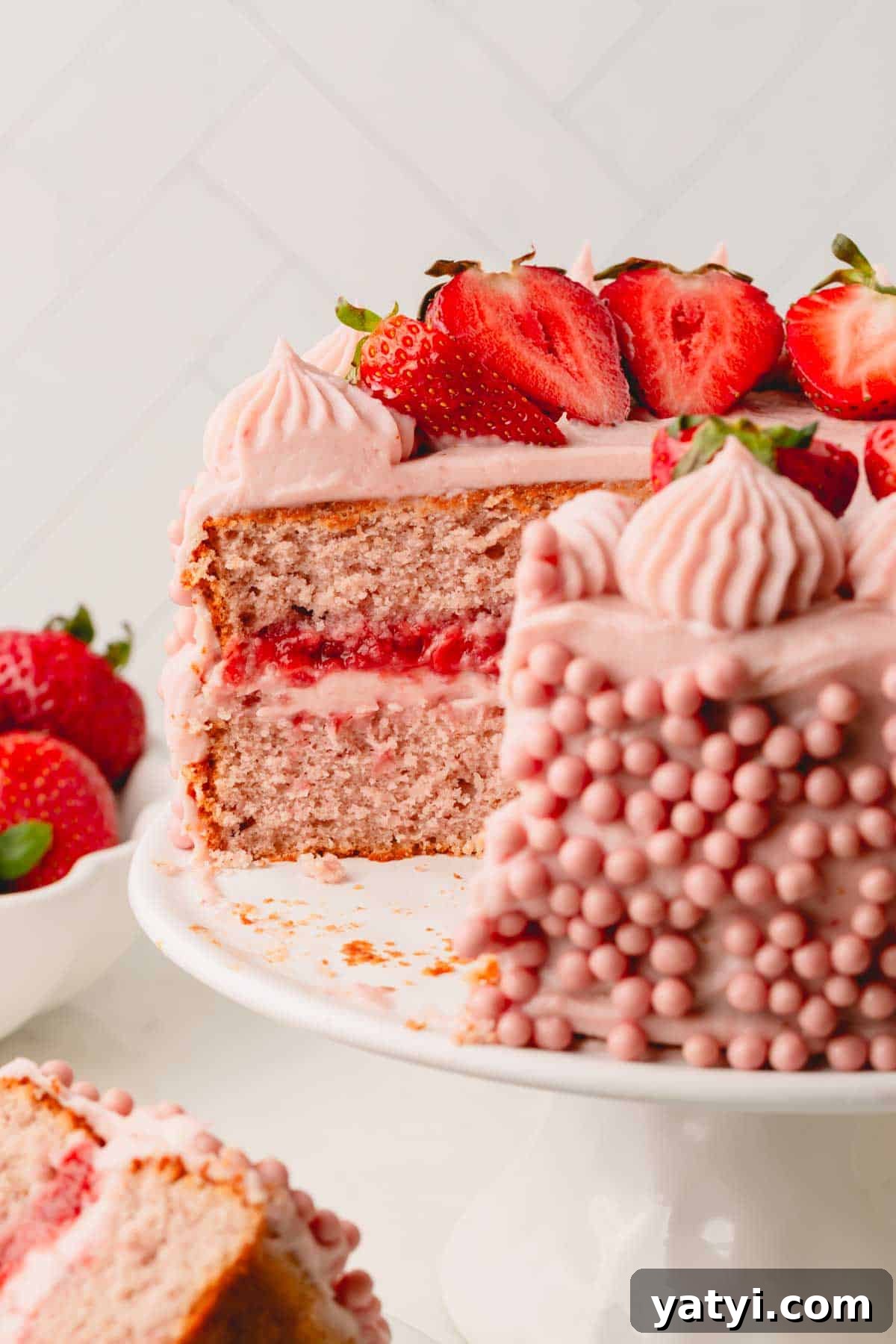 Moist Homemade Strawberry Layer Cake Recipe 9 A two layer strawberry cake with a slice missing, exposing the strawberry sauce in the center.