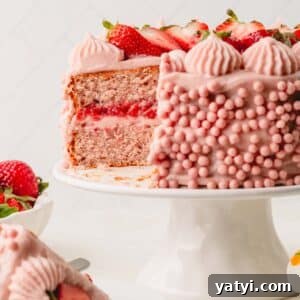 Moist Homemade Strawberry Layer Cake Recipe 10 A two layer frosted strawberry cake on a cake stand with a slice missing.