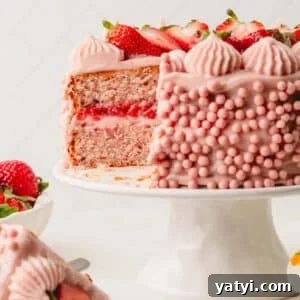 Moist Homemade Strawberry Layer Cake Recipe 11 A two layer frosted strawberry cake on a cake stand with a slice missing.