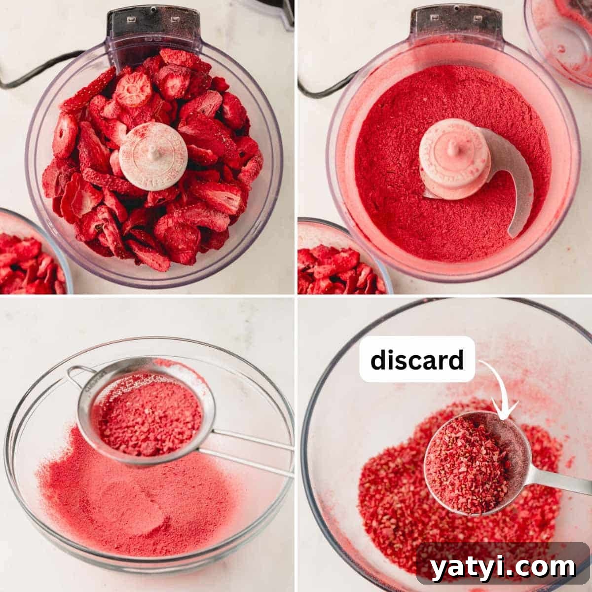 Moist Homemade Strawberry Layer Cake Recipe 6 A collage of four images showing the process of blending freeze-dried strawberries into a powder.