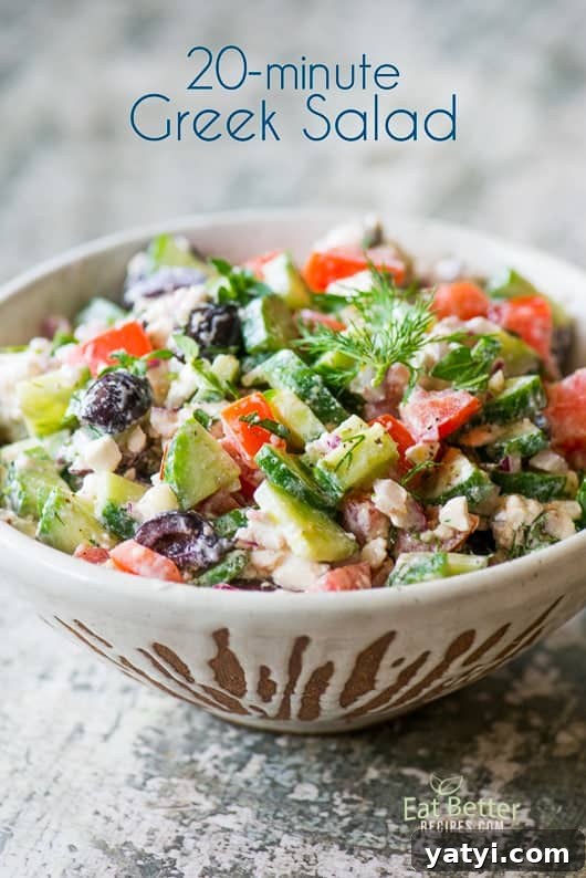 20-minute Greek Salad Recipe | @EatBetterRecipes 20-minute Greek Salad in a bowl