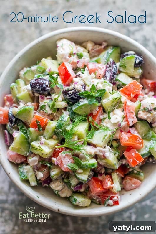 20-minute Greek Salad Recipe | @EatBetterRecipes 20-minute Greek Salad Recipe in a bowl