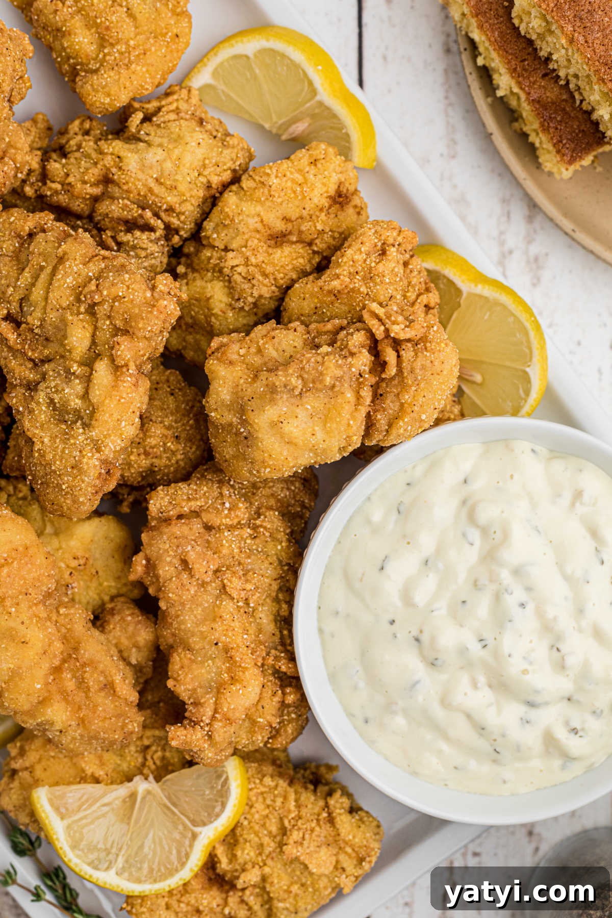 Crispy Southern Fried Catfish Nuggets with Tangy Dipping Sauce 2 A plate of fried catfish nuggets with some slices of lemon and tartar sauce