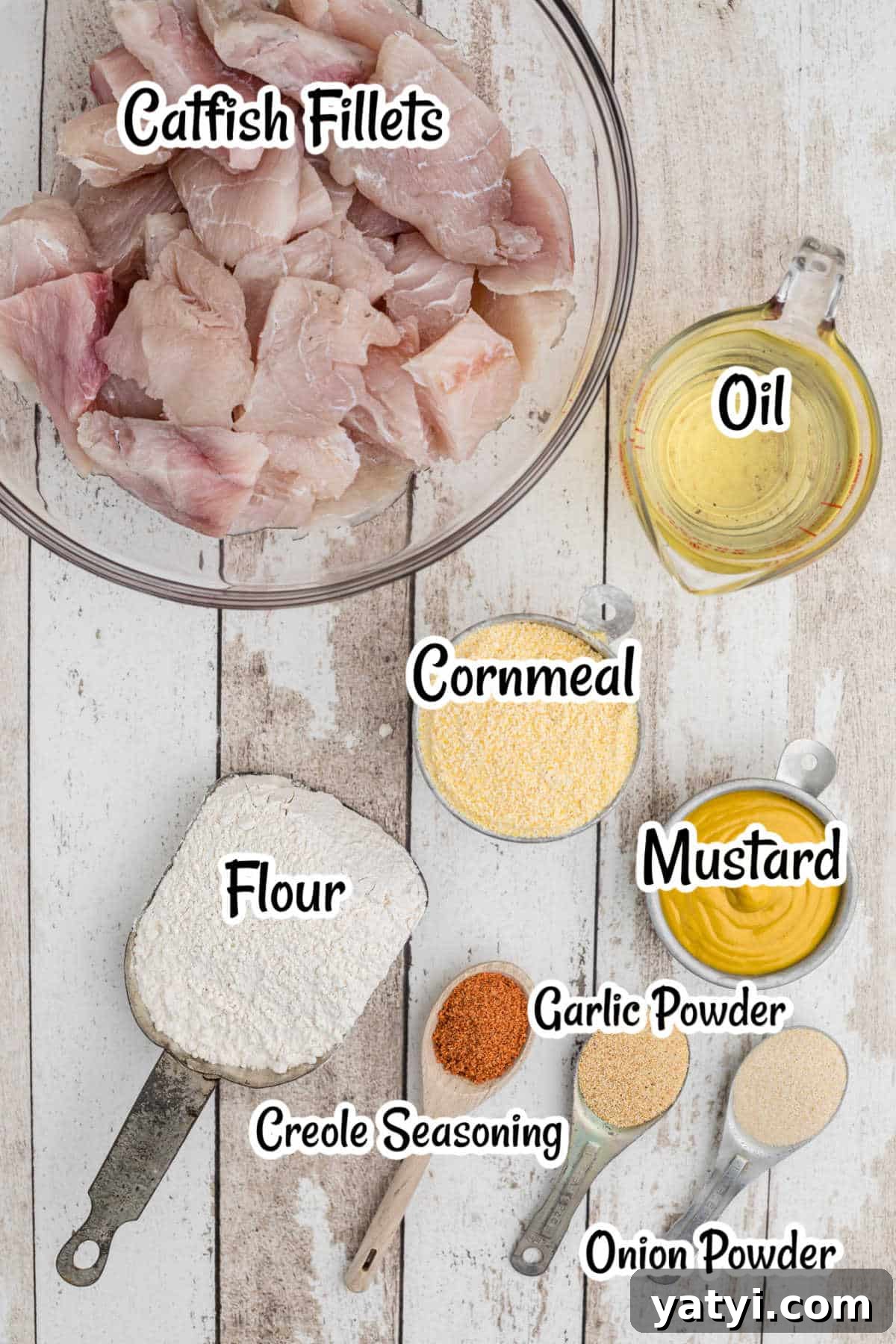Crispy Southern Fried Catfish Nuggets with Tangy Dipping Sauce 3 Overhead view of fried catfish nuggets ingredients
