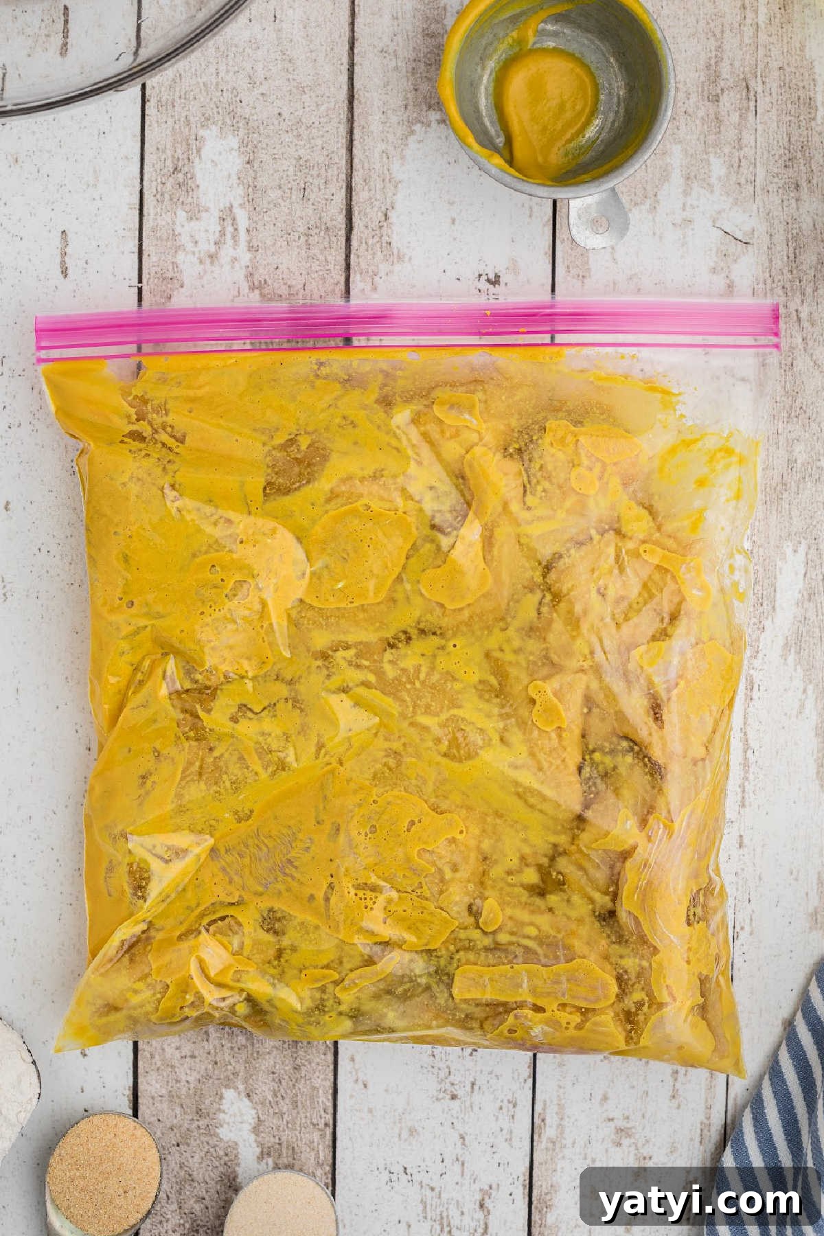 Crispy Southern Fried Catfish Nuggets with Tangy Dipping Sauce 4 A resealable bag filled with catfish fillets and mustard.