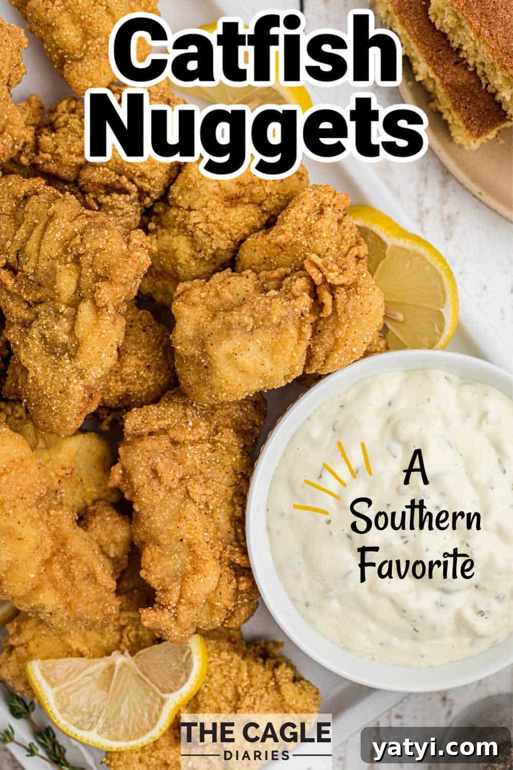 Crispy Southern Fried Catfish Nuggets with Tangy Dipping Sauce 8 fried catfish nuggets with a bowl of tartar sauce and some lemon slices