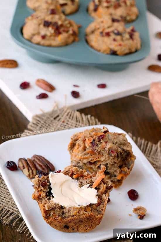 Sweet Potato Cranberry Muffins with Pecans — Autumn Brunch Recipe 5 Cranberry muffins with sweet potato and pecans on a small white plate.